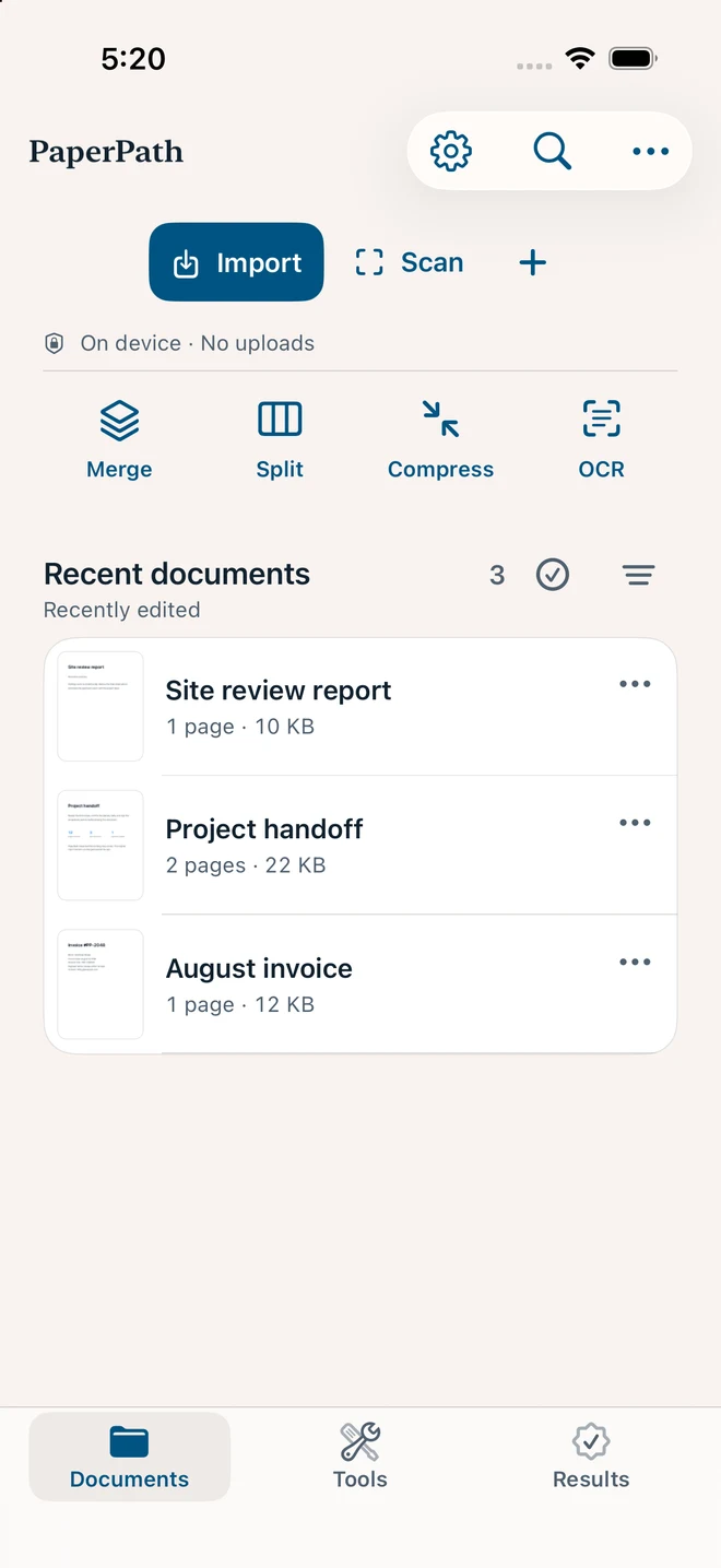 PaperPath 文档库真实界面，包含导入、扫描、合并、拆分、压缩和 OCR