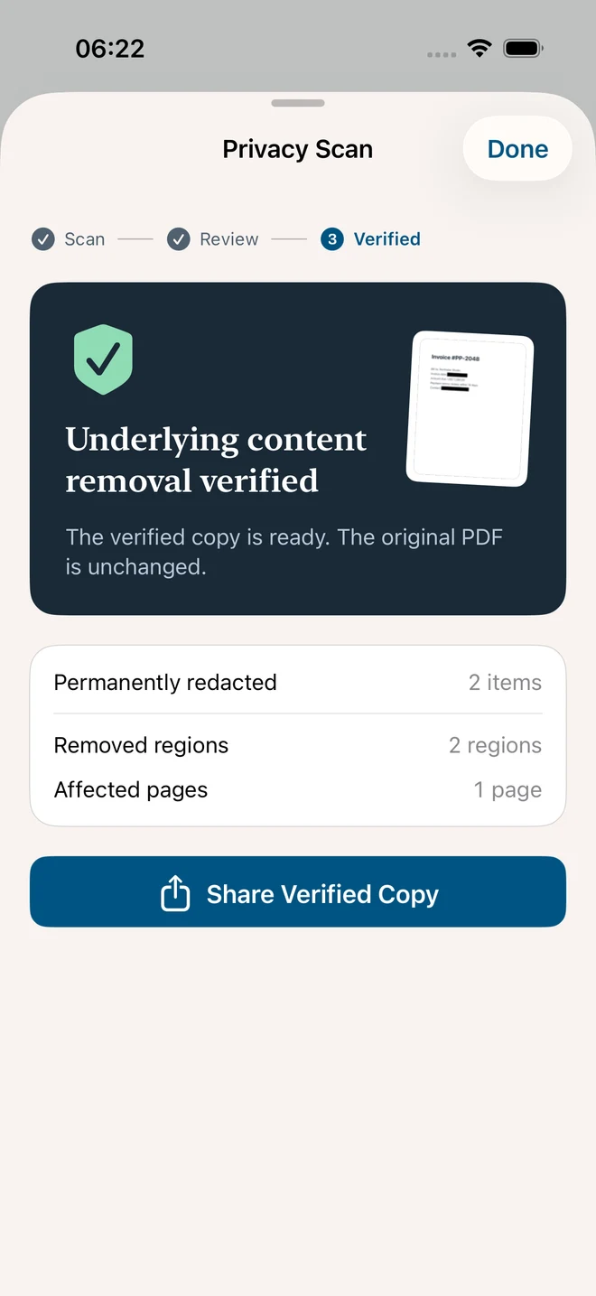 PaperPath 永久脱敏结果实际界面，显示移除检查与原件保持不变